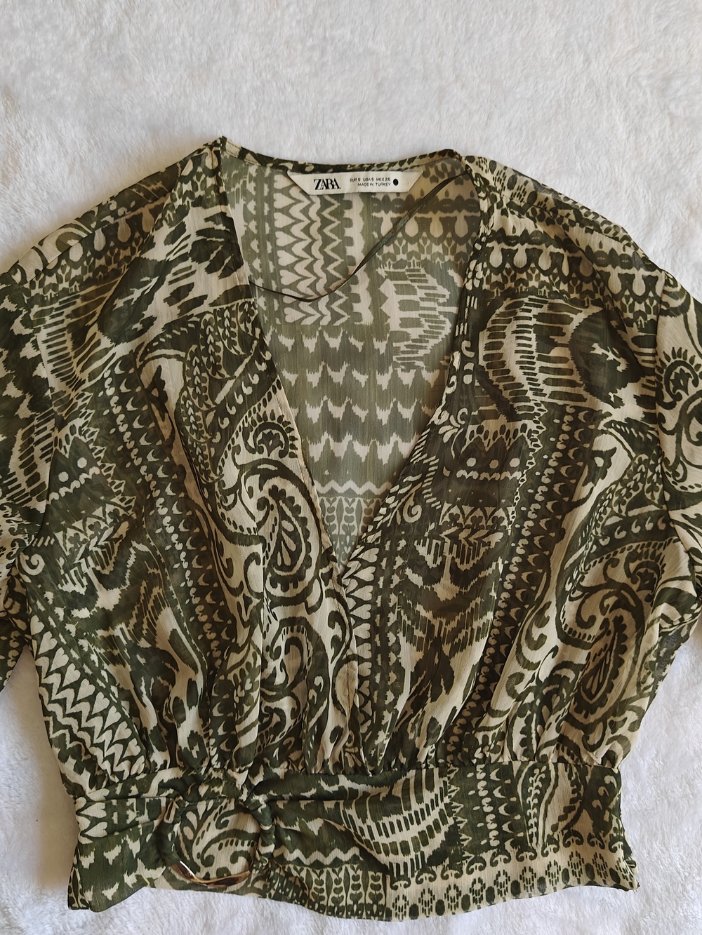 Zara Printed Surplice Crop Top Green Paisley  Side Zipper Size S
